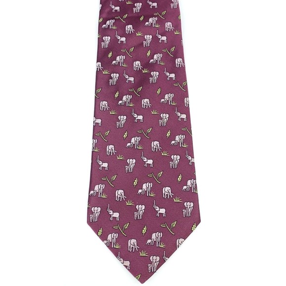 Jim Thompson Tie Mulberry Color - Elephants with Baby Animal Leaf Necktie - Picture 6 of 11